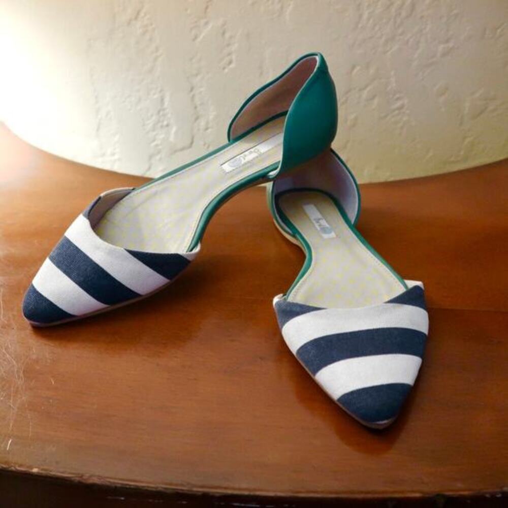 Boden Vienne Canvas Flats Blue White Coastal Stripe Toe Green‎ Heel US 7 EU 37.5
